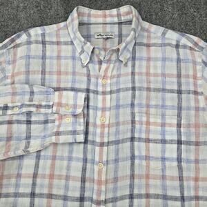 Peter Millar Shirt Mens Large Blue Red Plaid Linen Button Up Long Sleeve Casual